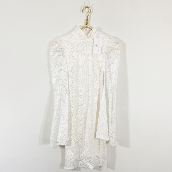 CAROLINE CONSTAS NWT XS Kennedy White Lace High Neck Bell Sleeve Mini Dress‎ - Picture 2 of 15